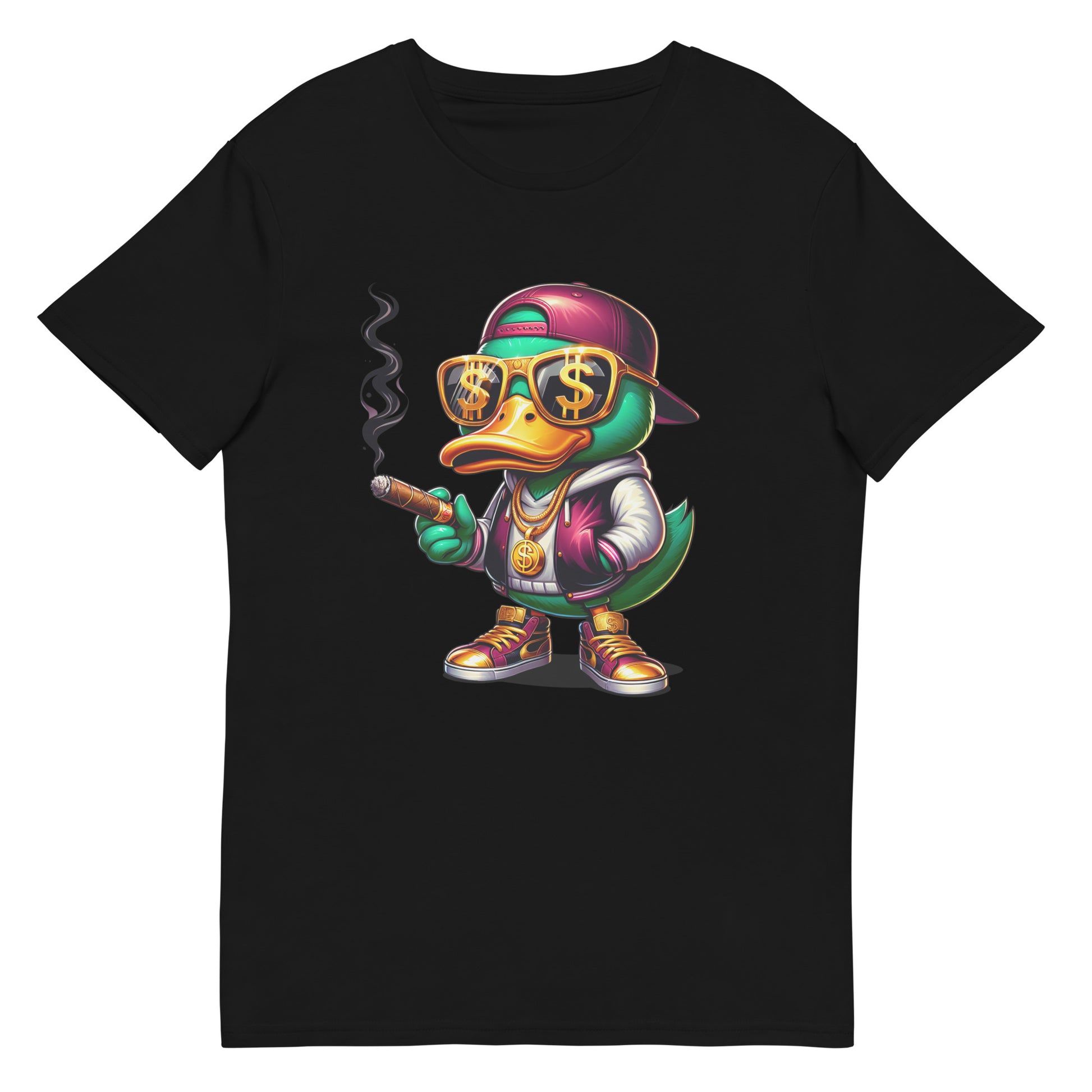 cartoon duck wearing gold chains dollar glasses smoking cigar graphic t-shirt

