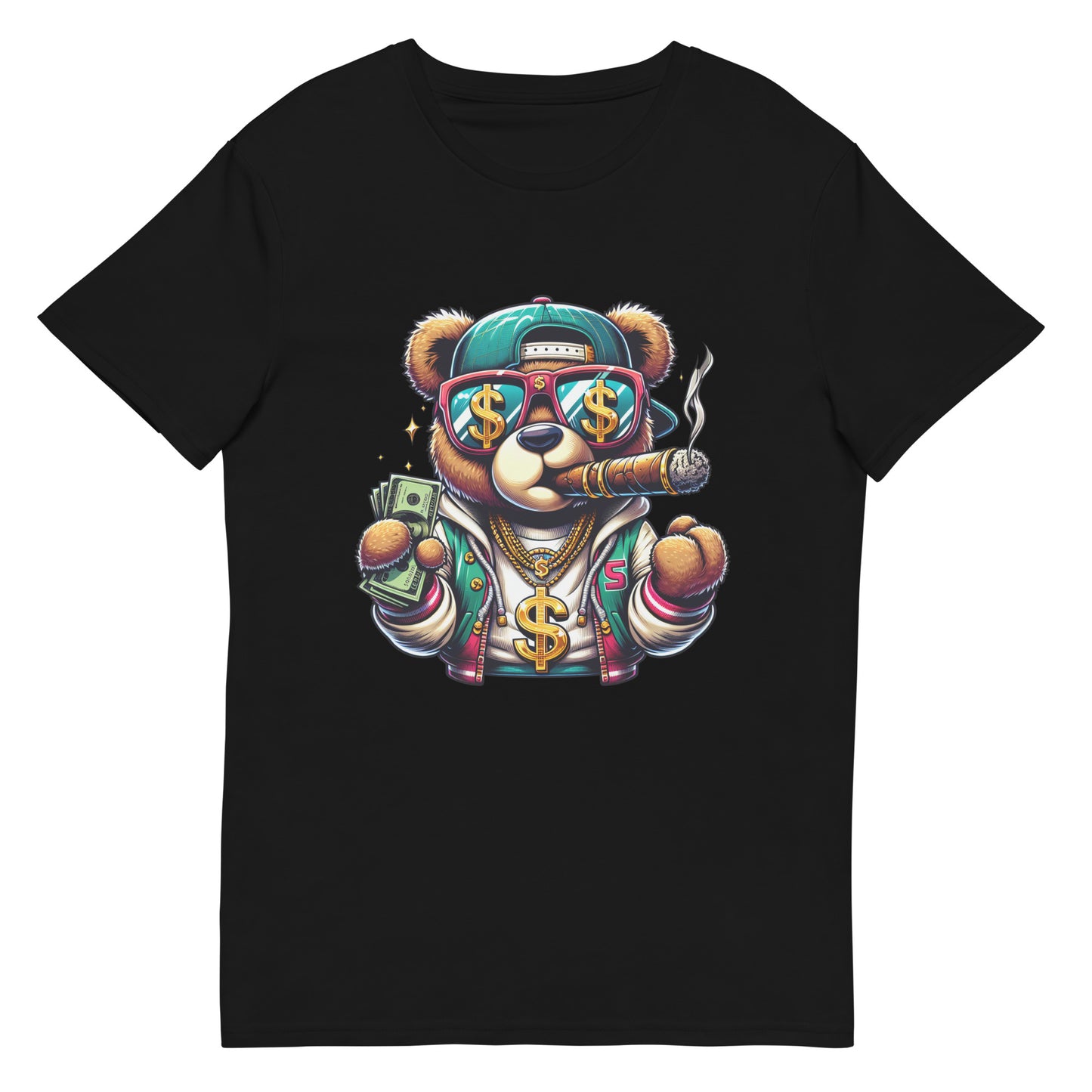 cartoon bear holding money wearing gold chains smoking cigar graphic t-shirt

