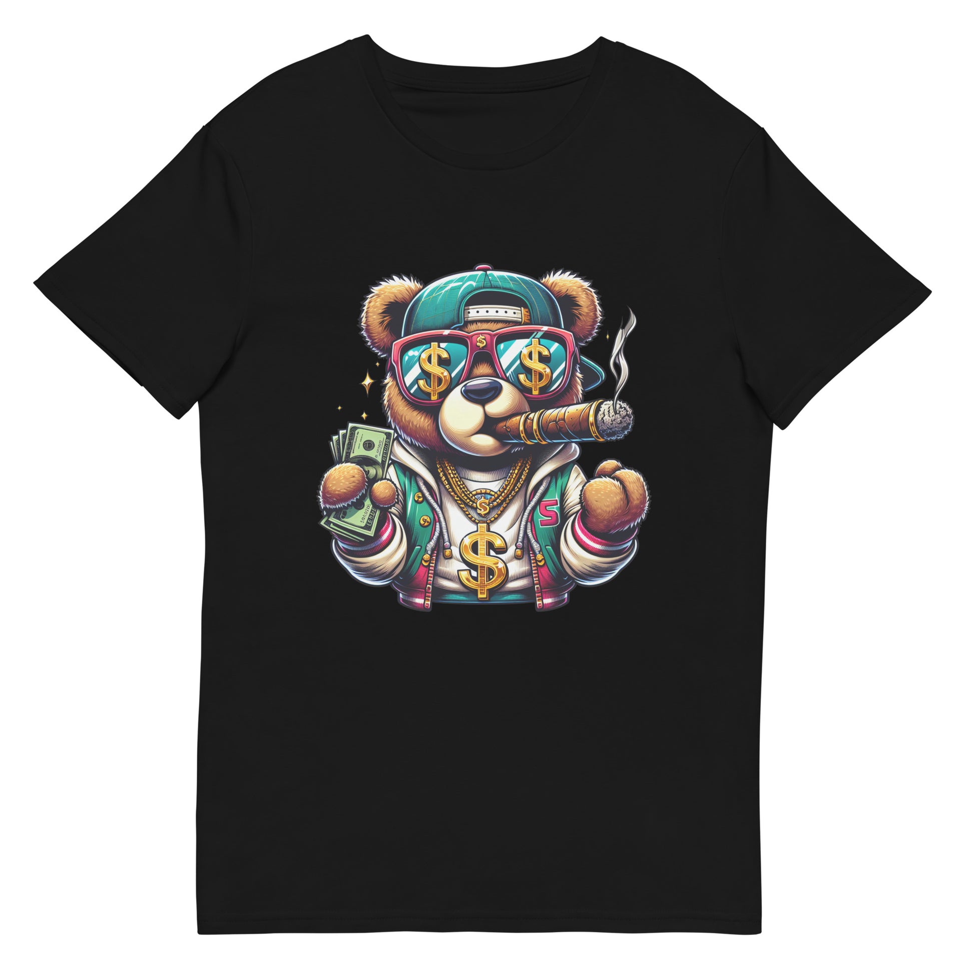 cartoon bear holding money wearing gold chains smoking cigar graphic t-shirt

