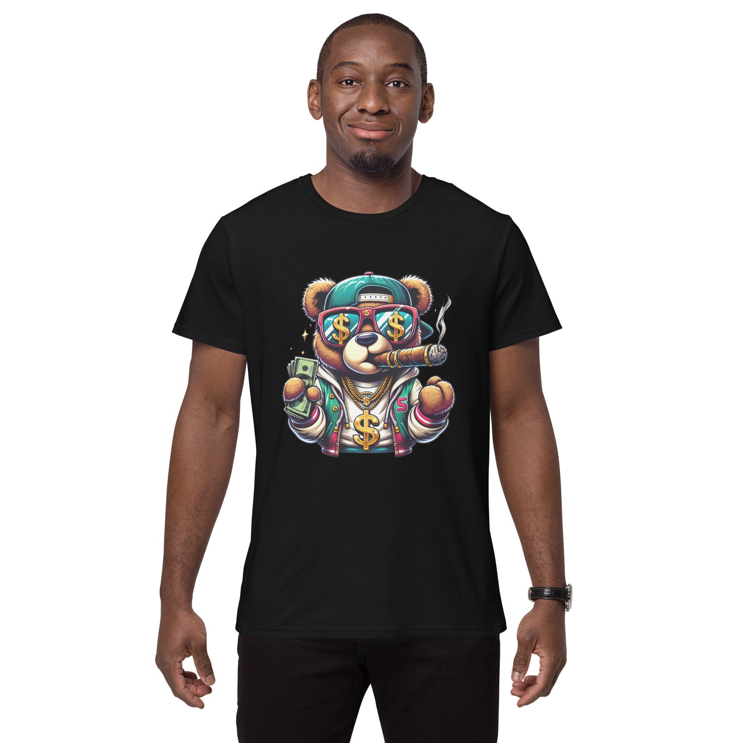 cartoon bear holding money wearing gold chains smoking cigar graphic t-shirt

