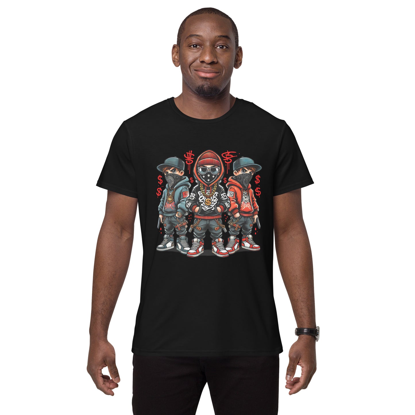 cartoon streetwear gangster trio t-shirt with graffiti money red black style

