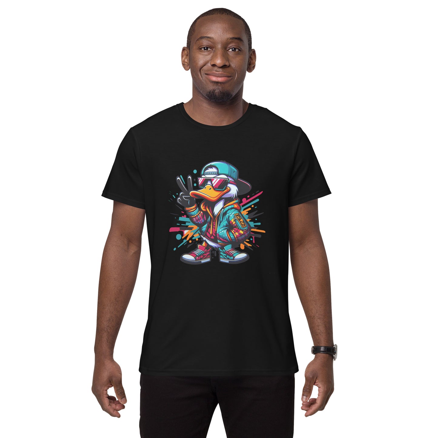 cool duck wearing cap sunglasses graffiti streetwear cartoon t-shirt design

