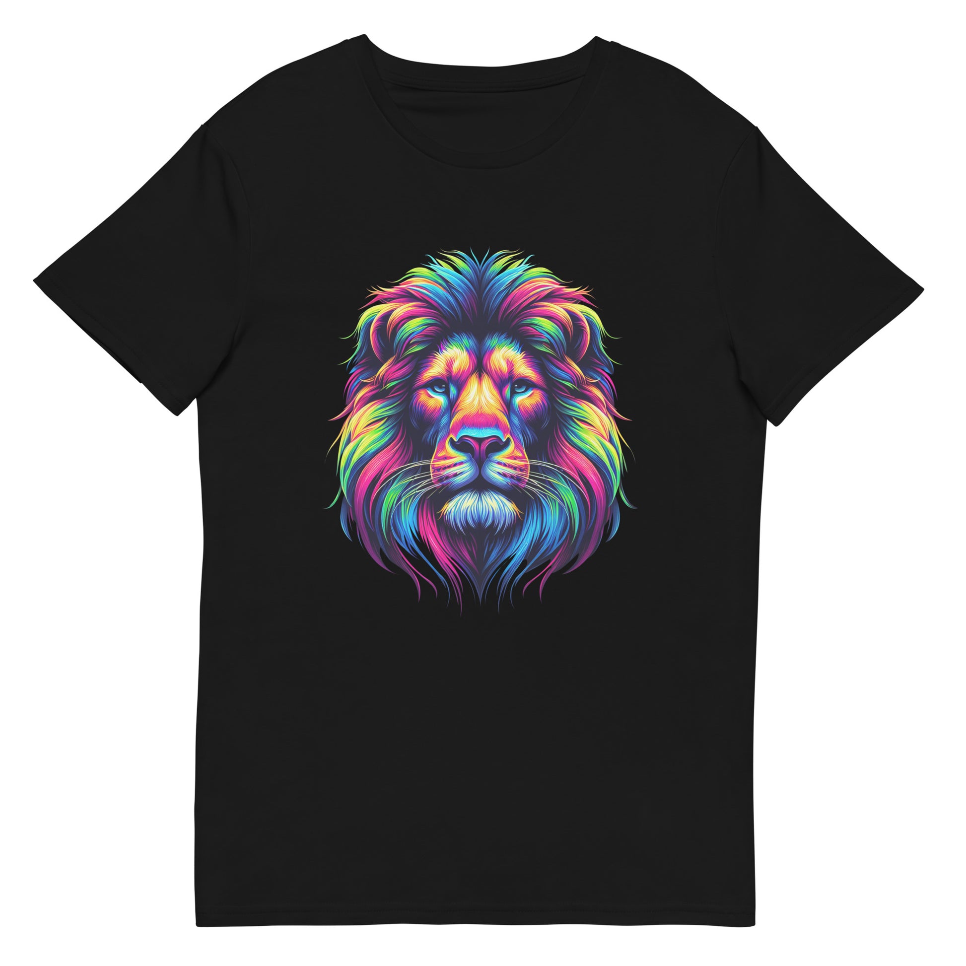 Colourful rainbow lion head graphic printed on a white t-shirt.

