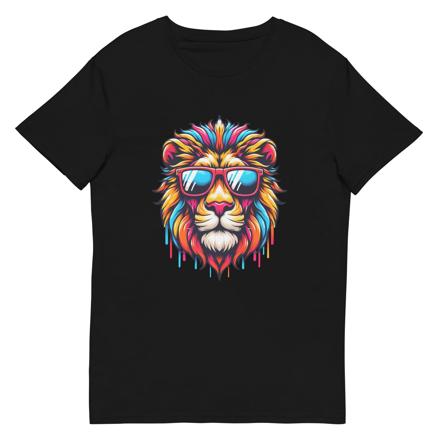 Colourful lion head with sunglasses and paint drip graphic.