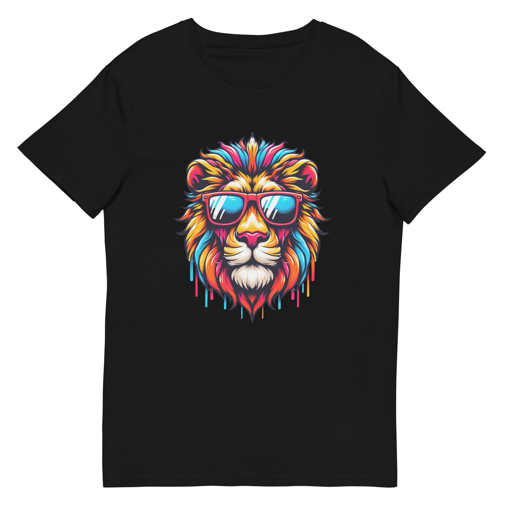Colourful lion head with sunglasses and paint drip graphic.