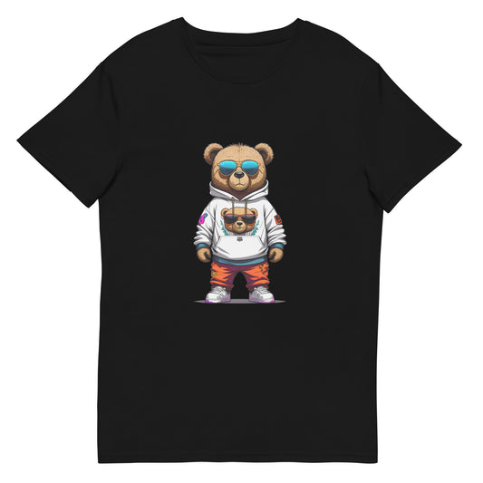 "Street style teddy bear in hoodie, shades and sneakers graphic on t-shirt"

