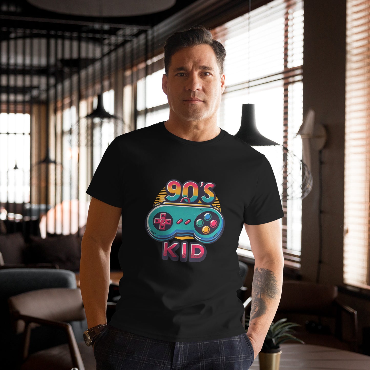 "Retro 90s game controller graphic with 90s Kid text on t-shirt"

