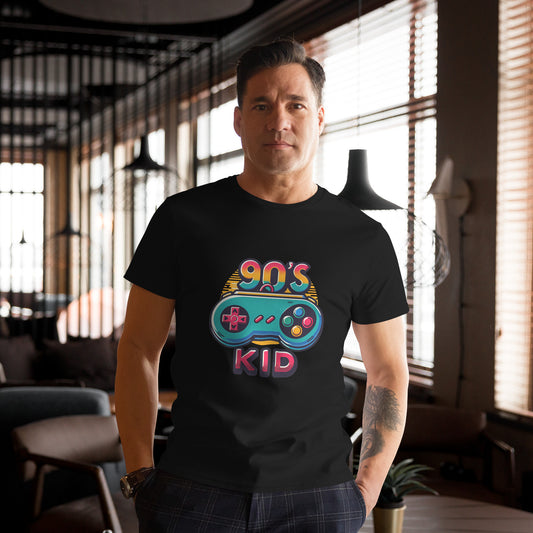 "Retro 90s game controller graphic with 90s Kid text on t-shirt"

