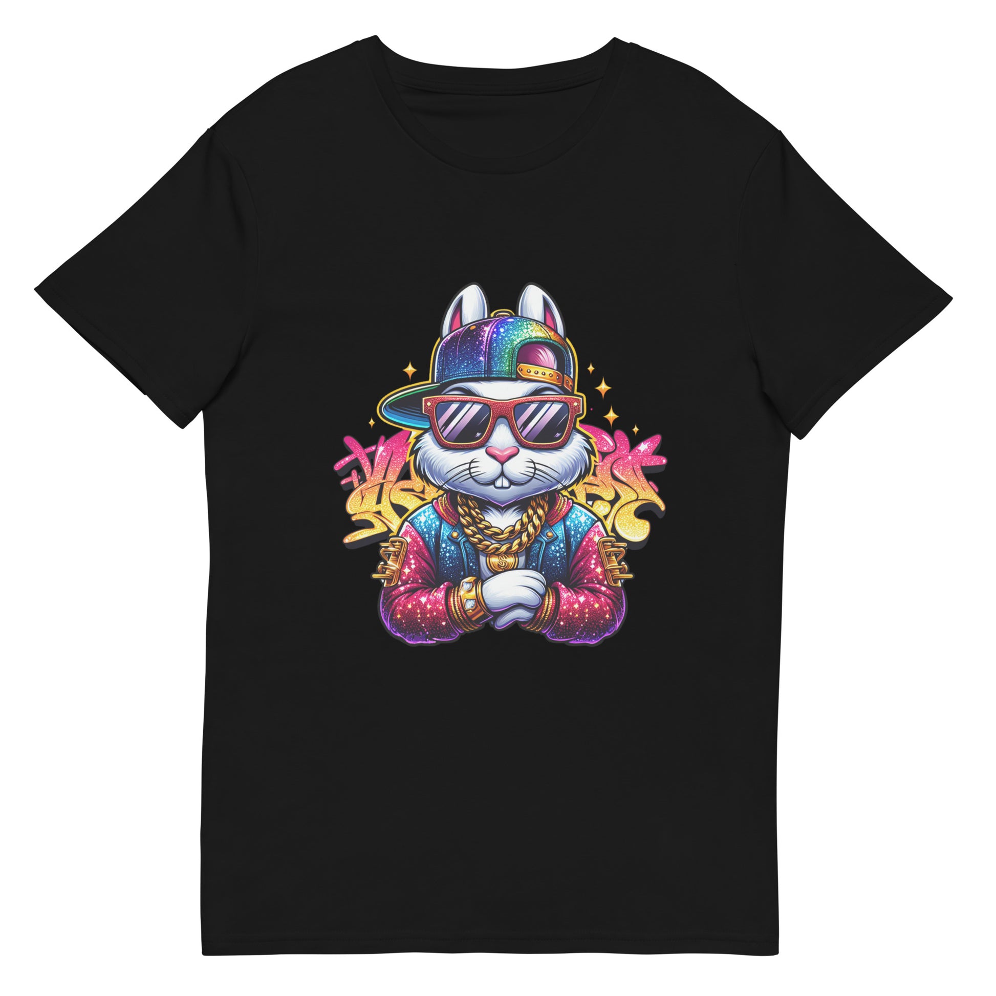 Cartoon bunny wearing sunglasses, snapback hat and gold chain on a colourful urban-style graphic t-shirt