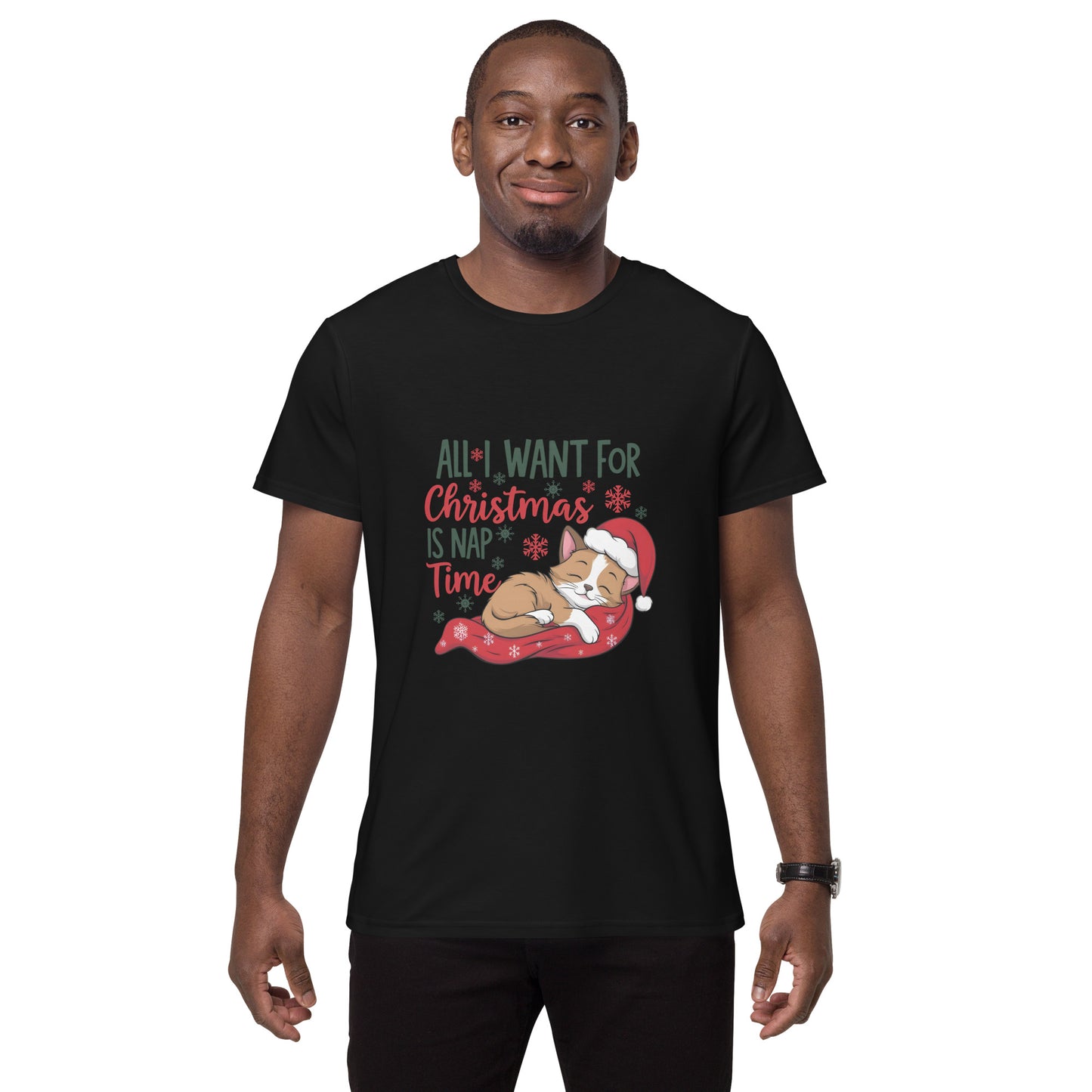 Christmas t-shirt with sleeping cat and text “All I want for Christmas is nap time”
