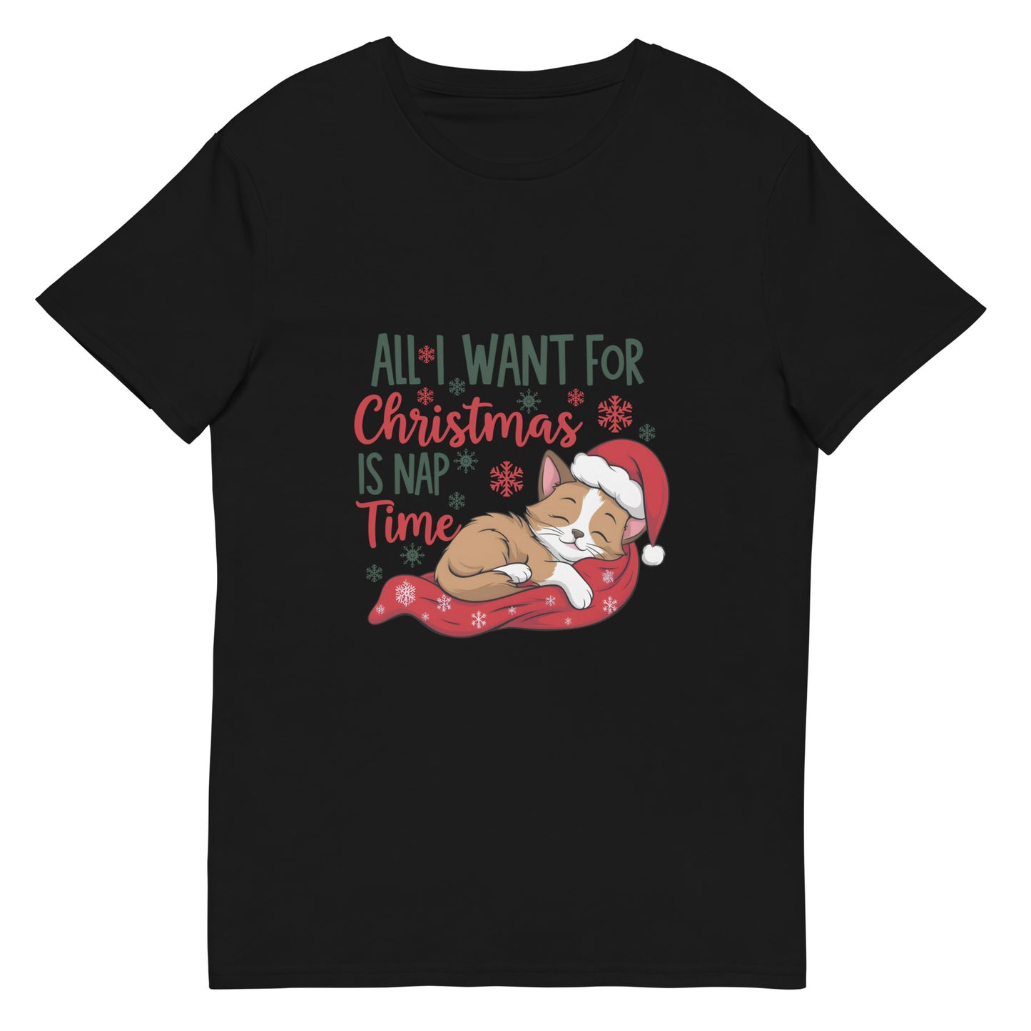 Christmas t-shirt with sleeping cat and text “All I want for Christmas is nap time”

