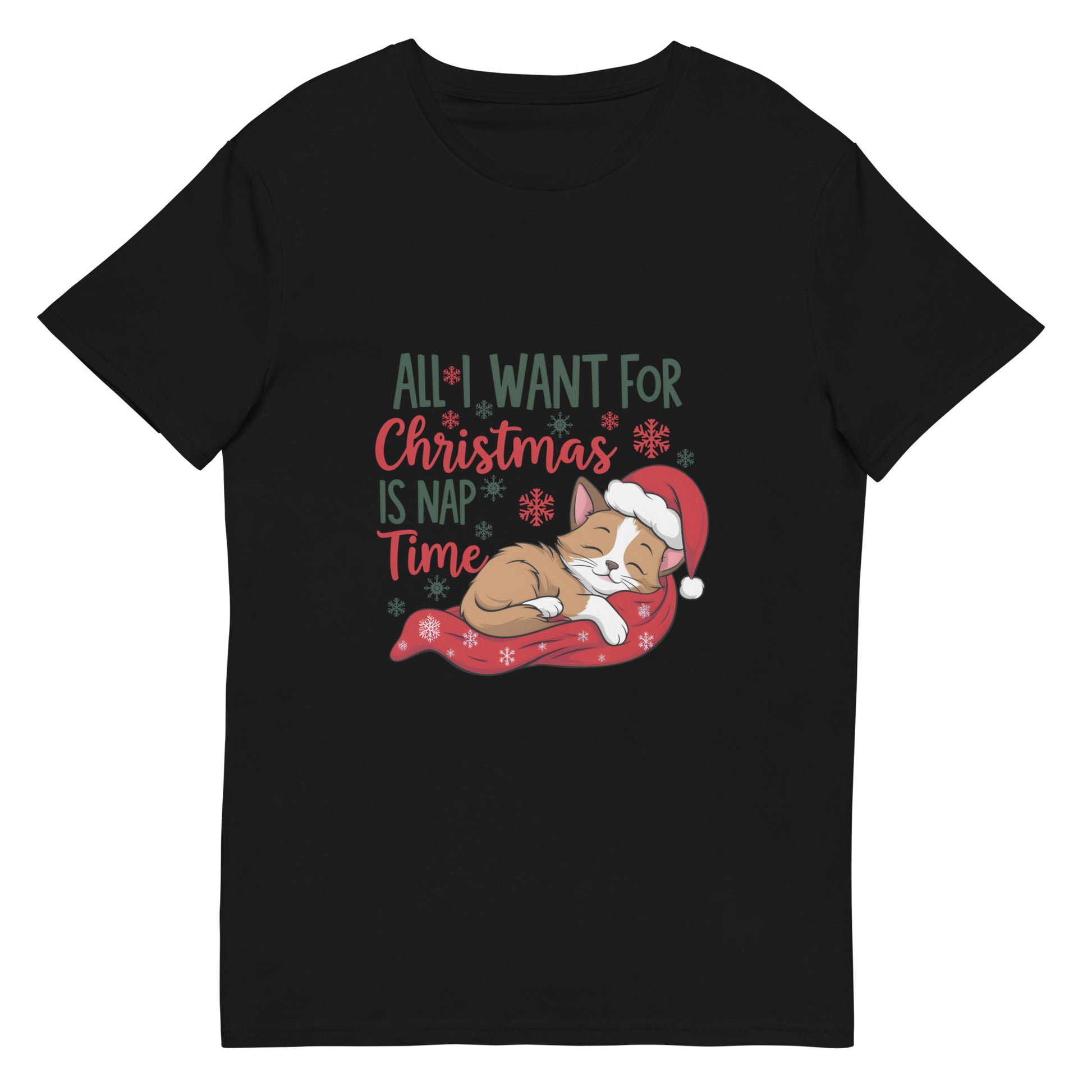 Christmas t-shirt with sleeping cat and text “All I want for Christmas is nap time”

