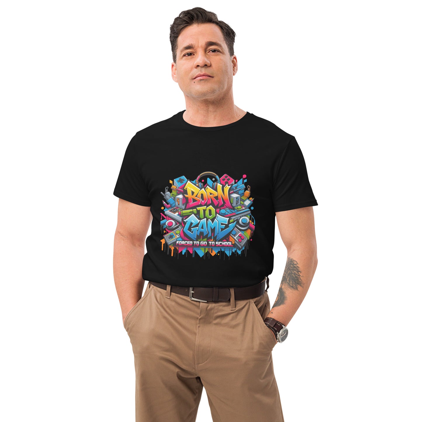 Born to Game graffiti t-shirt with colorful gaming-themed artwork, worn by male model
