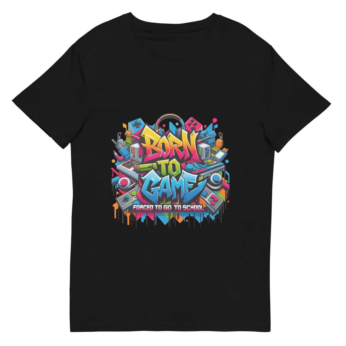 Born to Game graffiti t-shirt with colourful gaming-themed artwork, worn by male model
