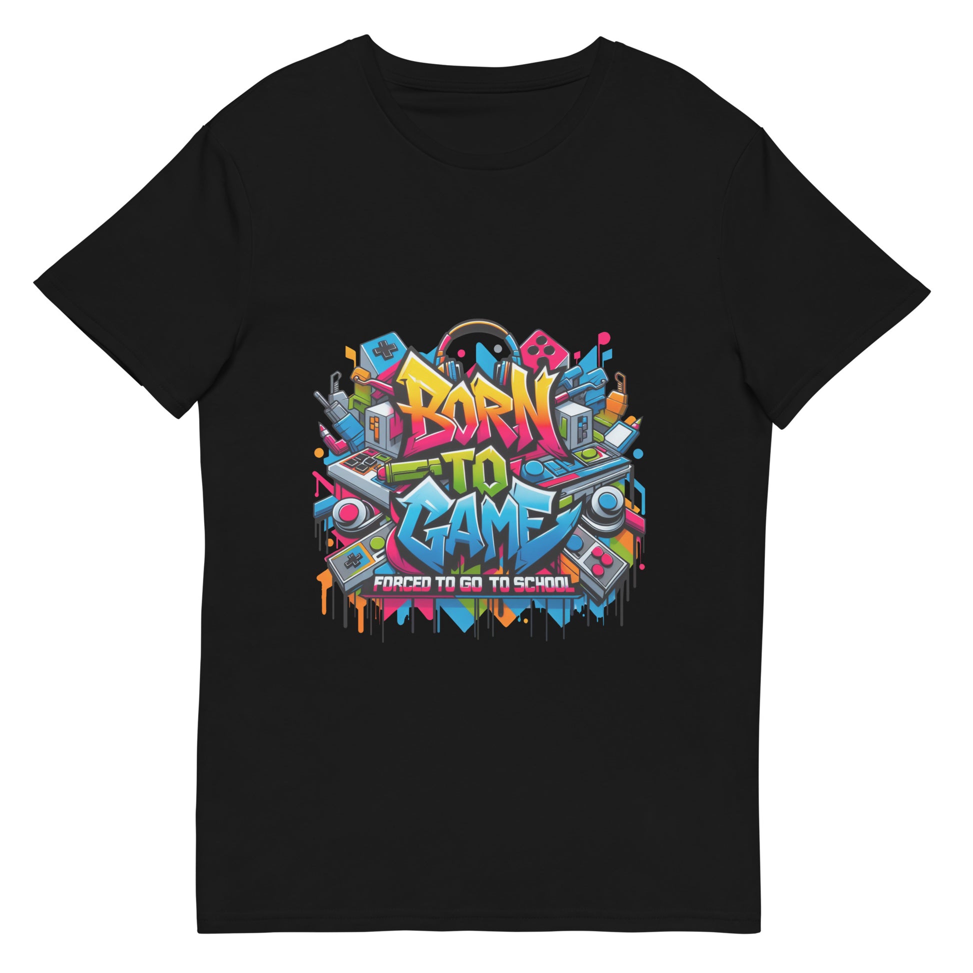 Born to Game graffiti t-shirt with colourful gaming-themed artwork, worn by male model
