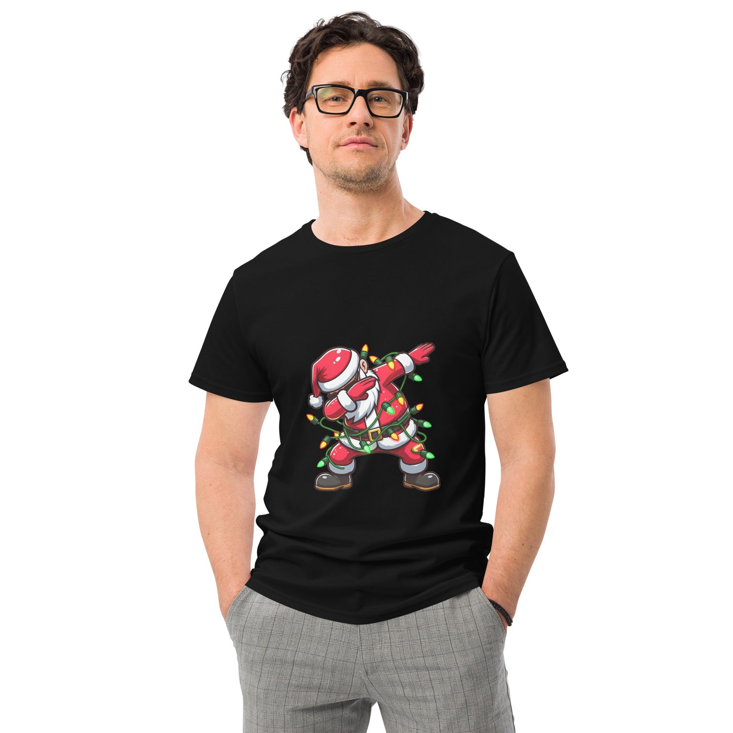 Funny Christmas t-shirt with Santa Claus dabbing and wrapped in colourful fairy lights

