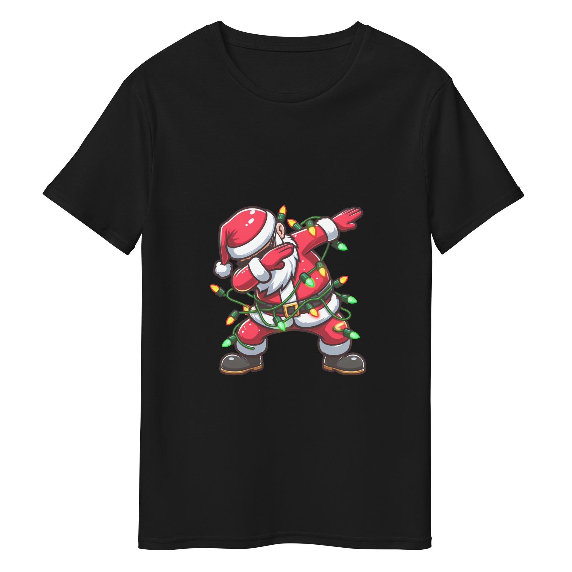 Funny Christmas t-shirt with Santa Claus dabbing and wrapped in colourful fairy lights

