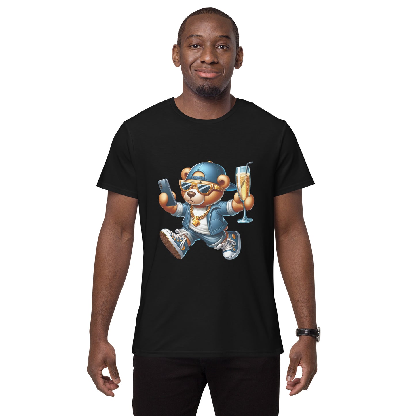 Cool bear graphic on t-shirt holding champagne and phone, wearing streetwear and shades.
