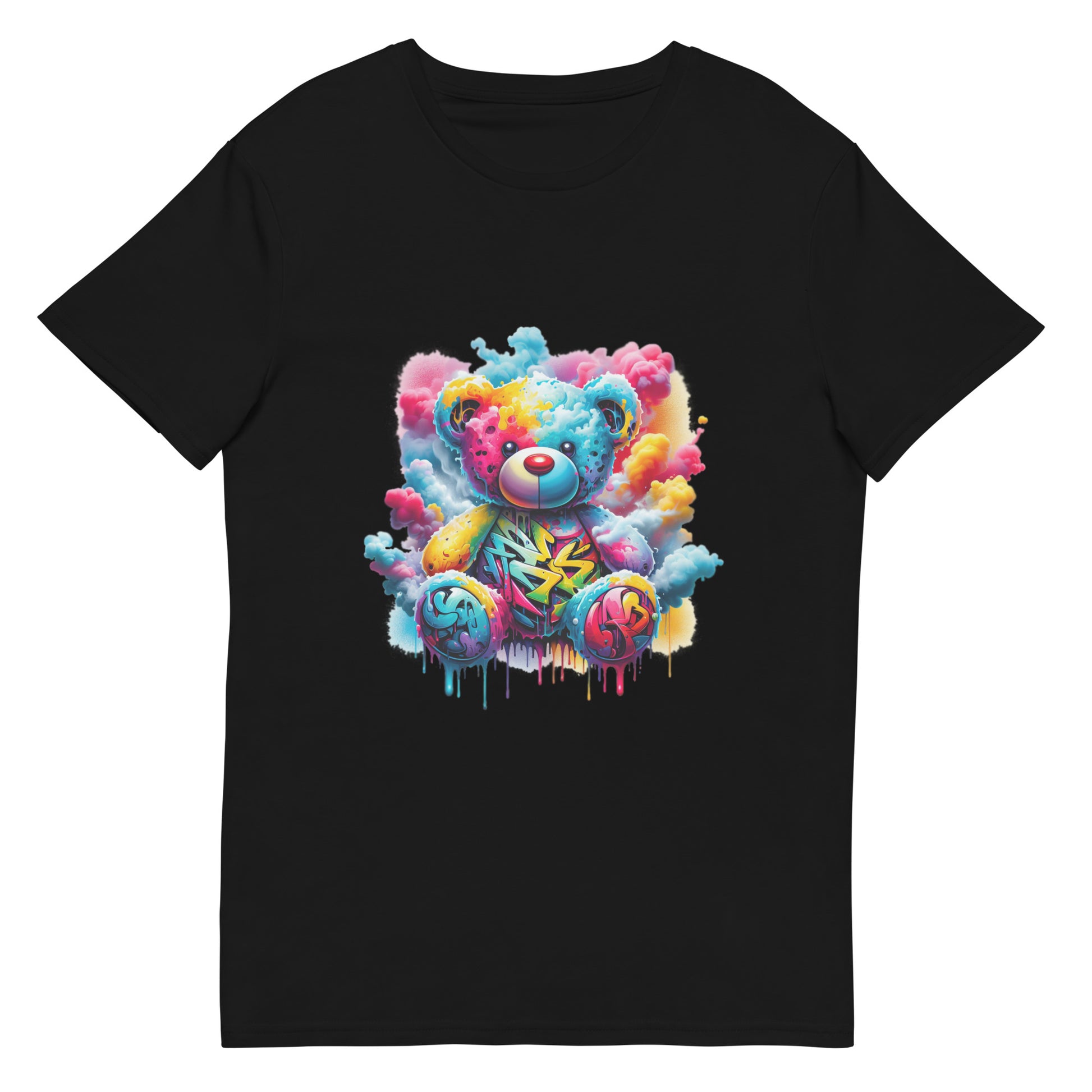 Graffiti teddy bear t-shirt for men and women in vibrant streetwear style.
