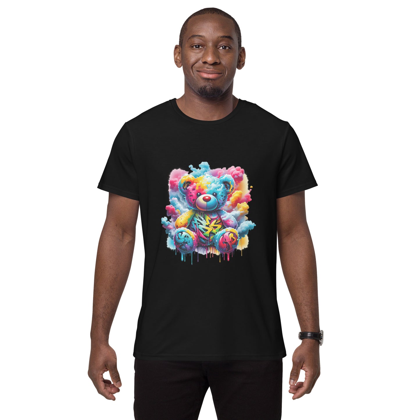 Graffiti teddy bear t-shirt for men and women in vibrant streetwear style.
