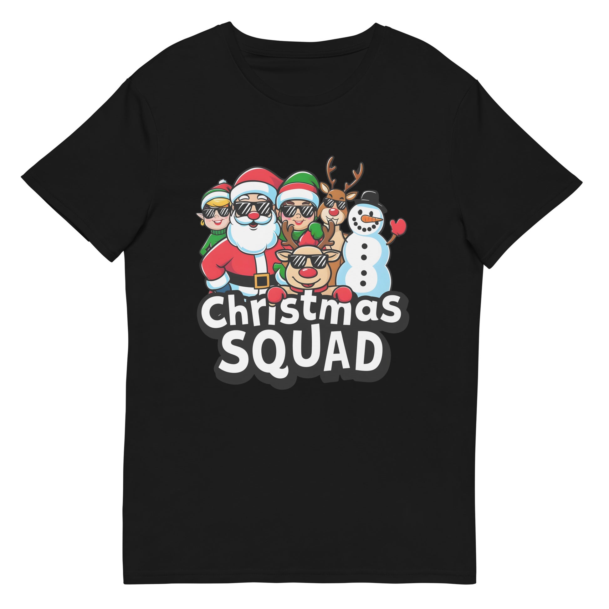 White t-shirt with Santa, reindeer, snowman, elves and text “Christmas Squad”

