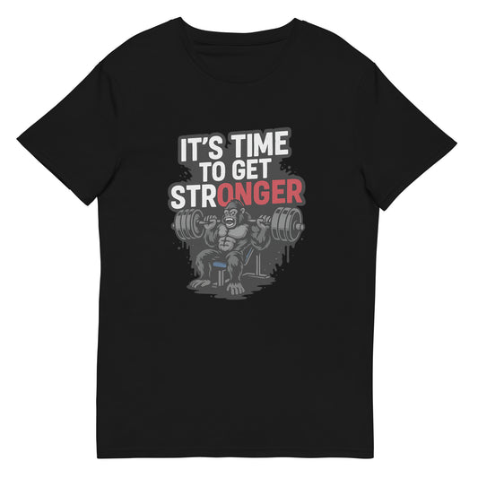 Gorilla bench pressing weights with ‘It’s Time to Get Stronger’ gym quote

