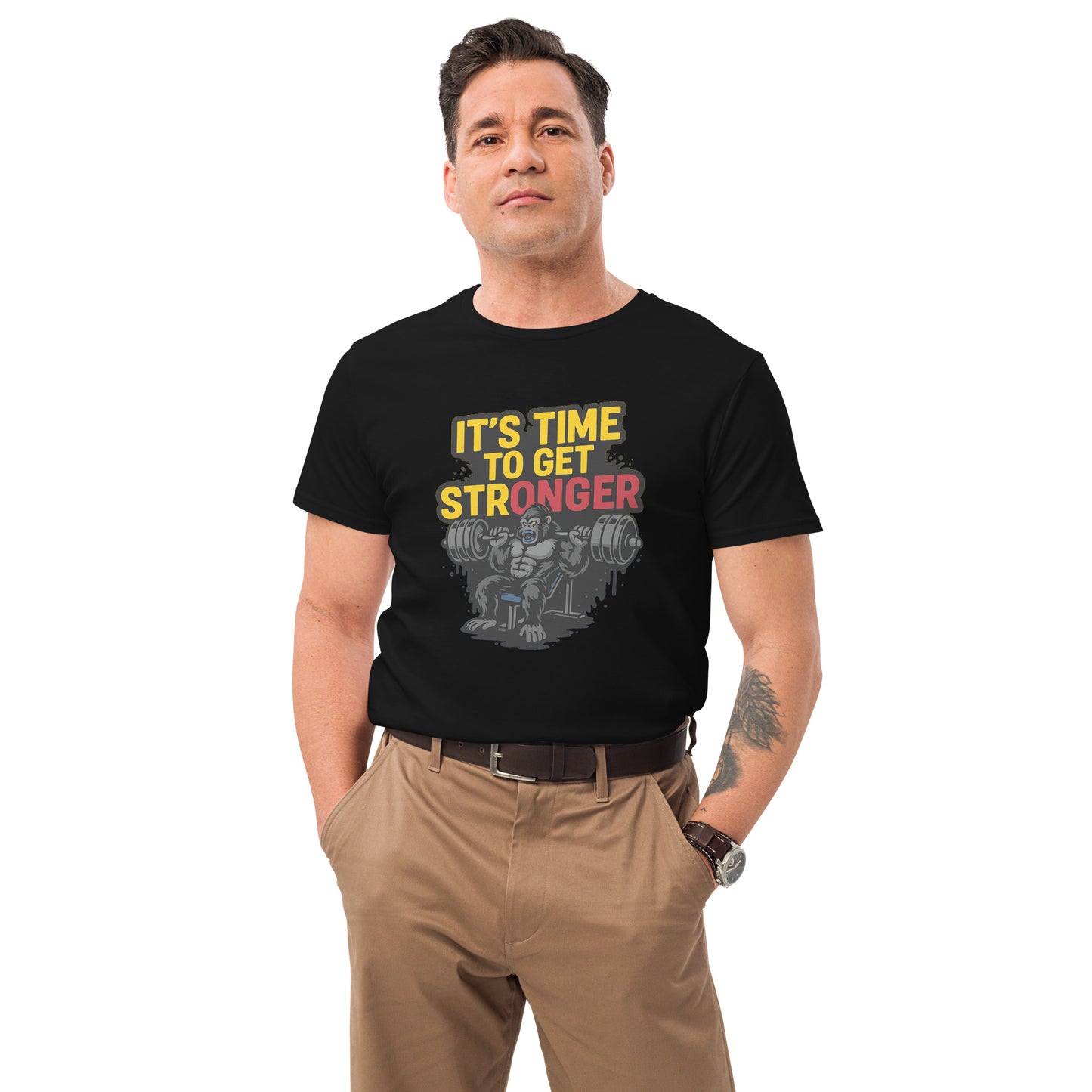 Angry gorilla lifting weights with 'It’s Time to Get Stronger' text design


