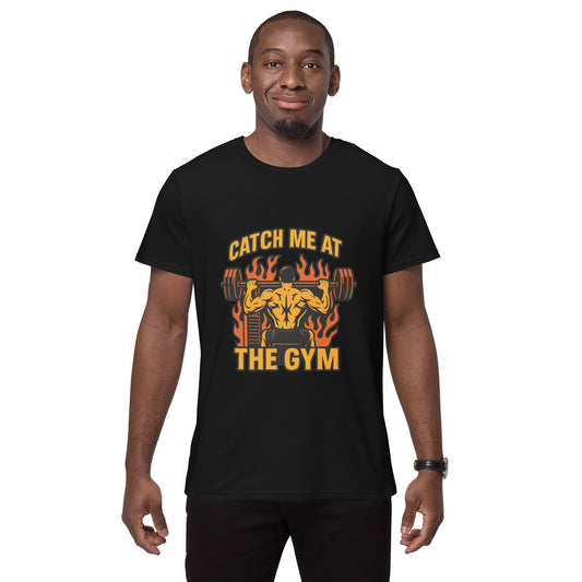 Gym t-shirt design with muscular man lifting weights and flames in the background.
