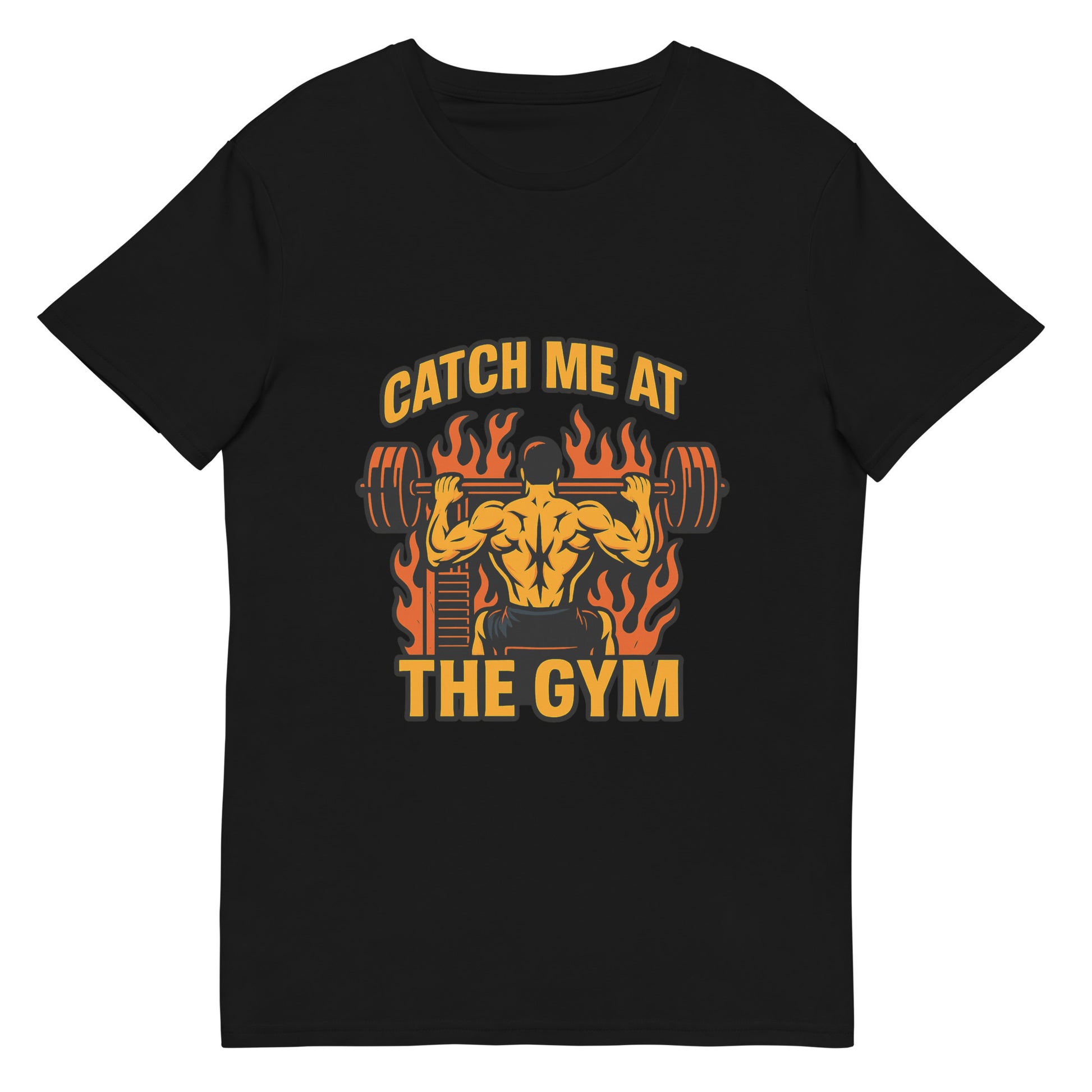Gym t-shirt design with muscular man lifting weights and flames in the background.

