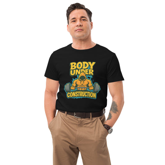 Body Under Construction gym t-shirt with bold DTF printed bodybuilding graphic in yellow and teal

