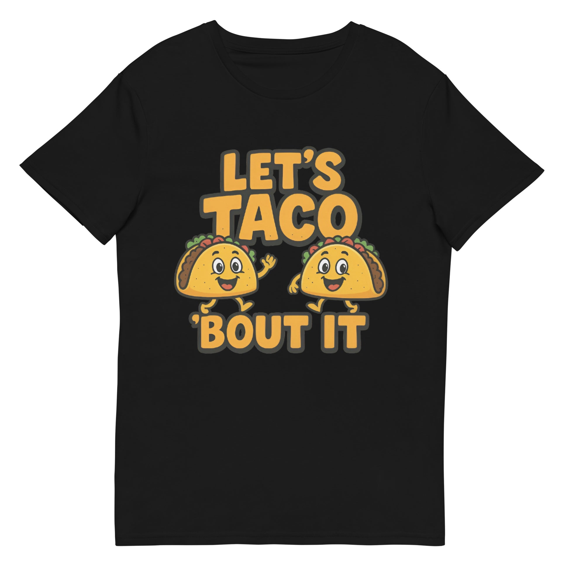 Let’s Taco ’Bout It funny graphic t-shirt with smiling taco design in yellow and green DTF print

