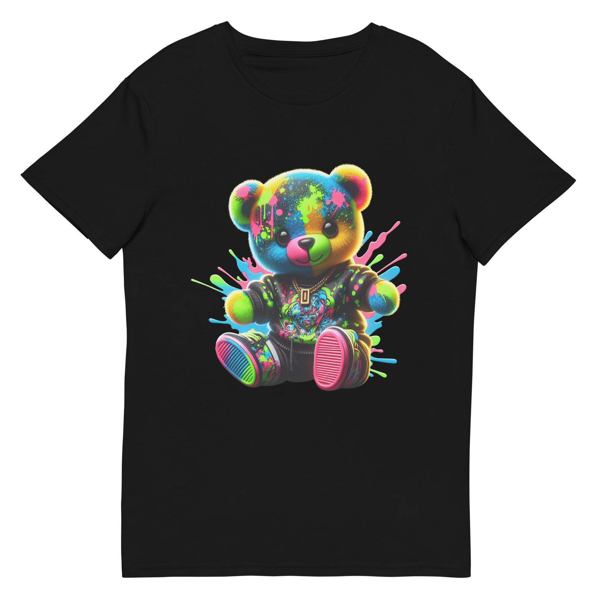 Neon Graffiti Teddy Bear streetwear t shirt with bright colourful design and graffiti style DTF print