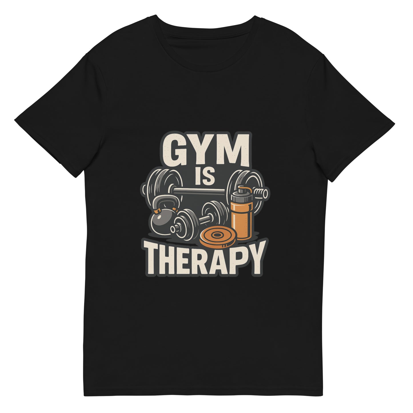 Gym Is Therapy motivational gym t shirt with dumbbell and barbell design DTF print