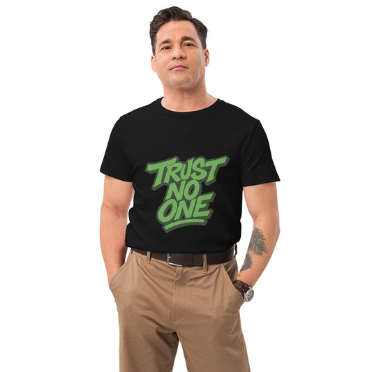 Trust No One printed on black streetwear t-shirt bold graphic