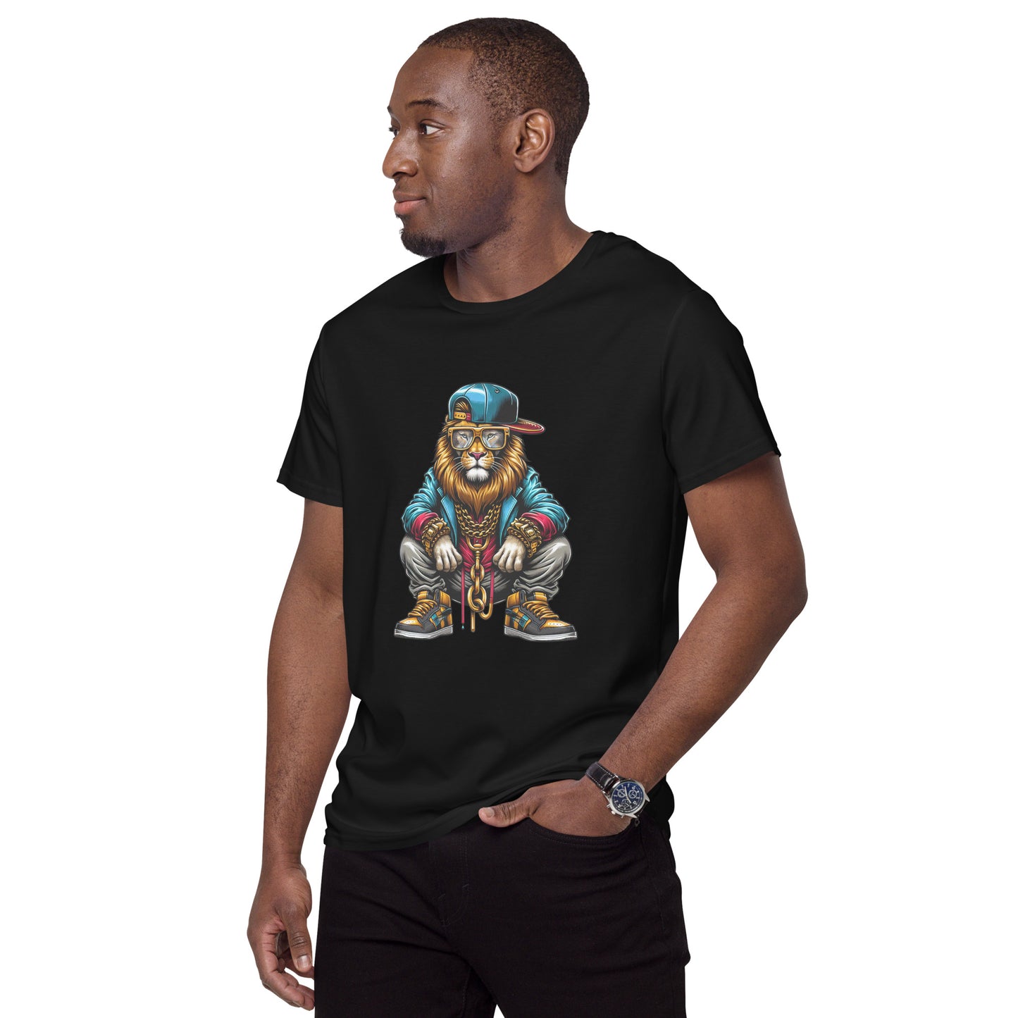 Gangster lion graphic wearing snapback, gold chains, and sneakers.