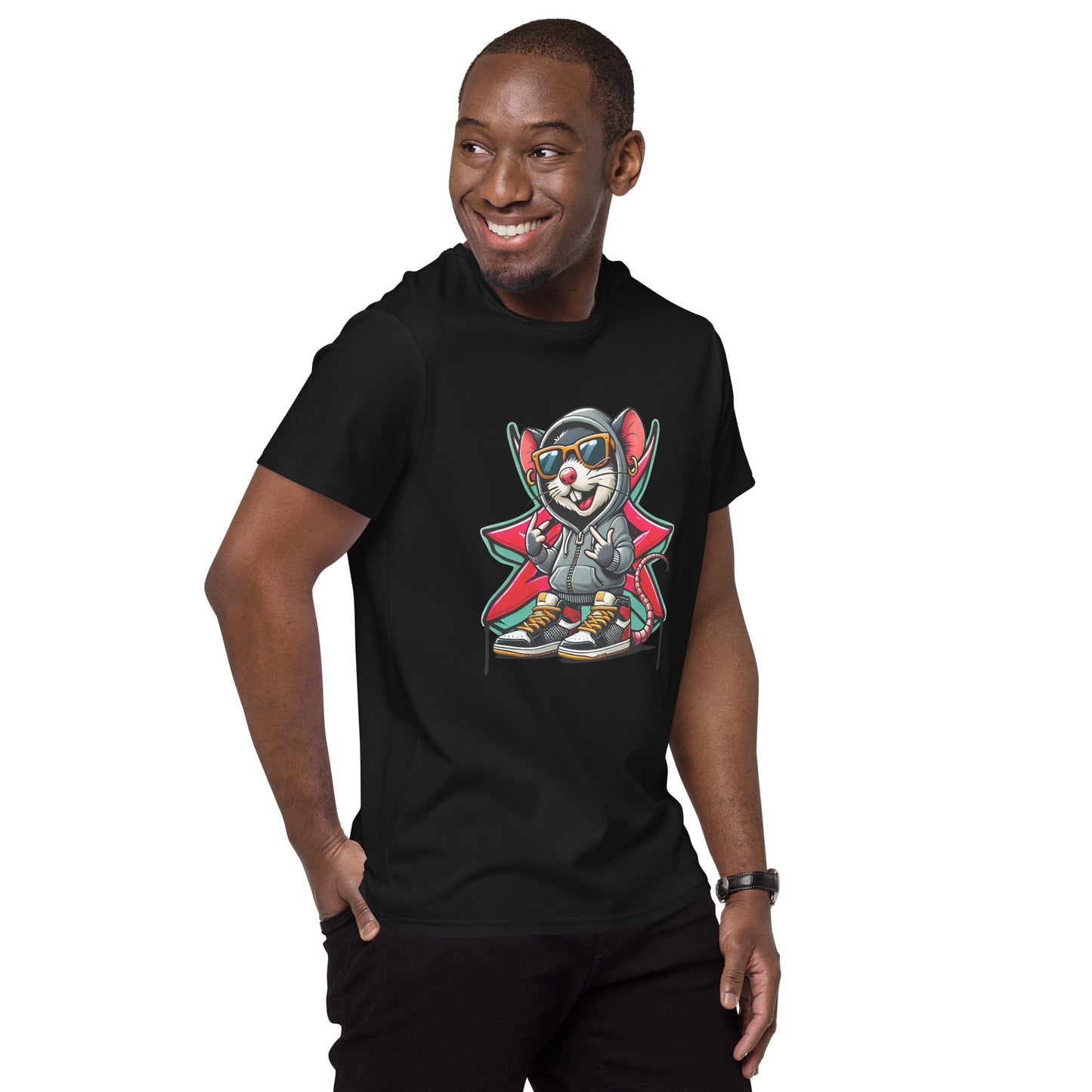 Cartoon gangster mouse in hoodie graphic on white streetwear t-shirt

