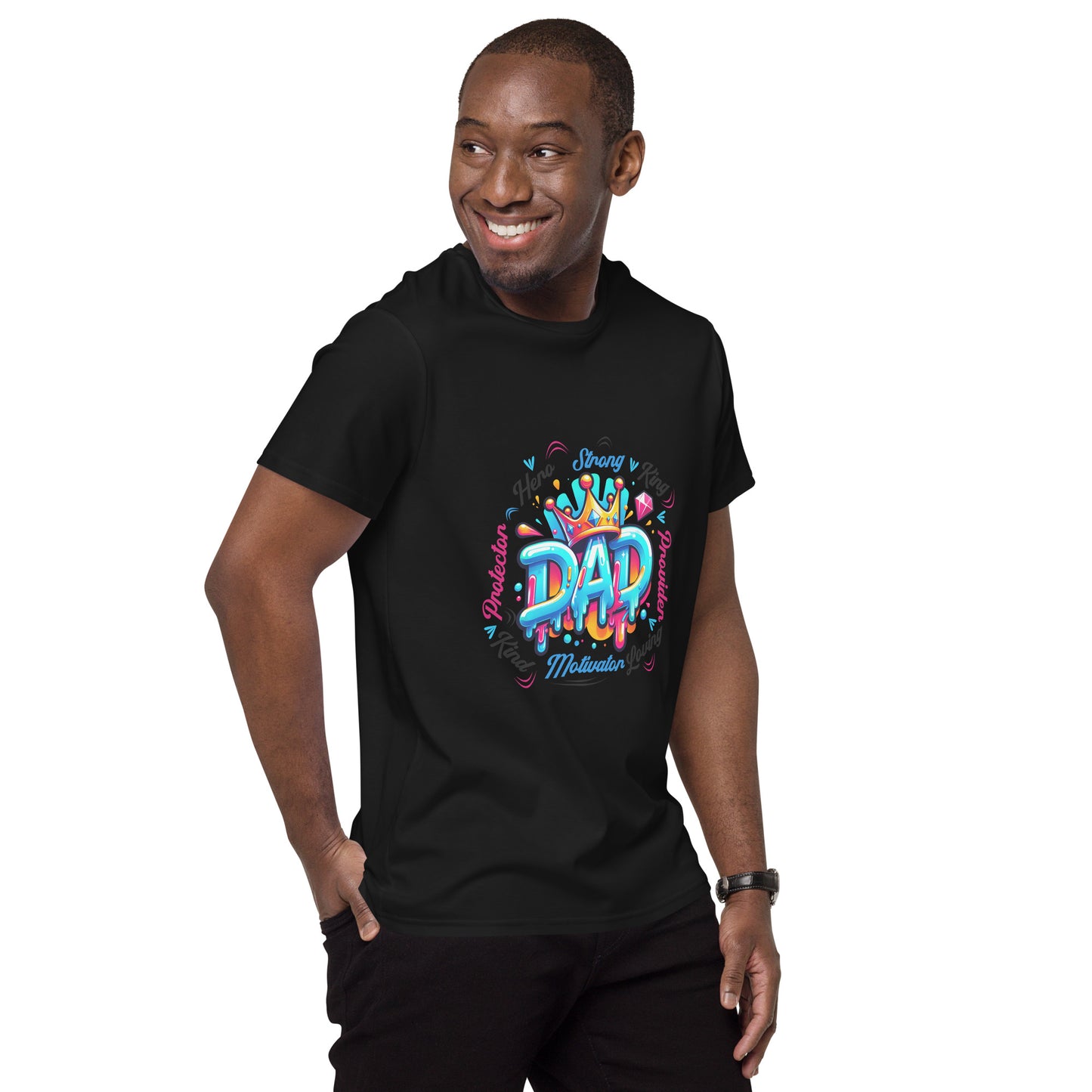 Graffiti-style DAD t-shirt with crown and bold words: Protector, Provider, Motivator