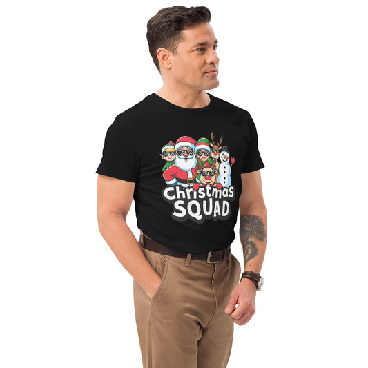 White t-shirt with Santa, reindeer, snowman, elves and text “Christmas Squad”

