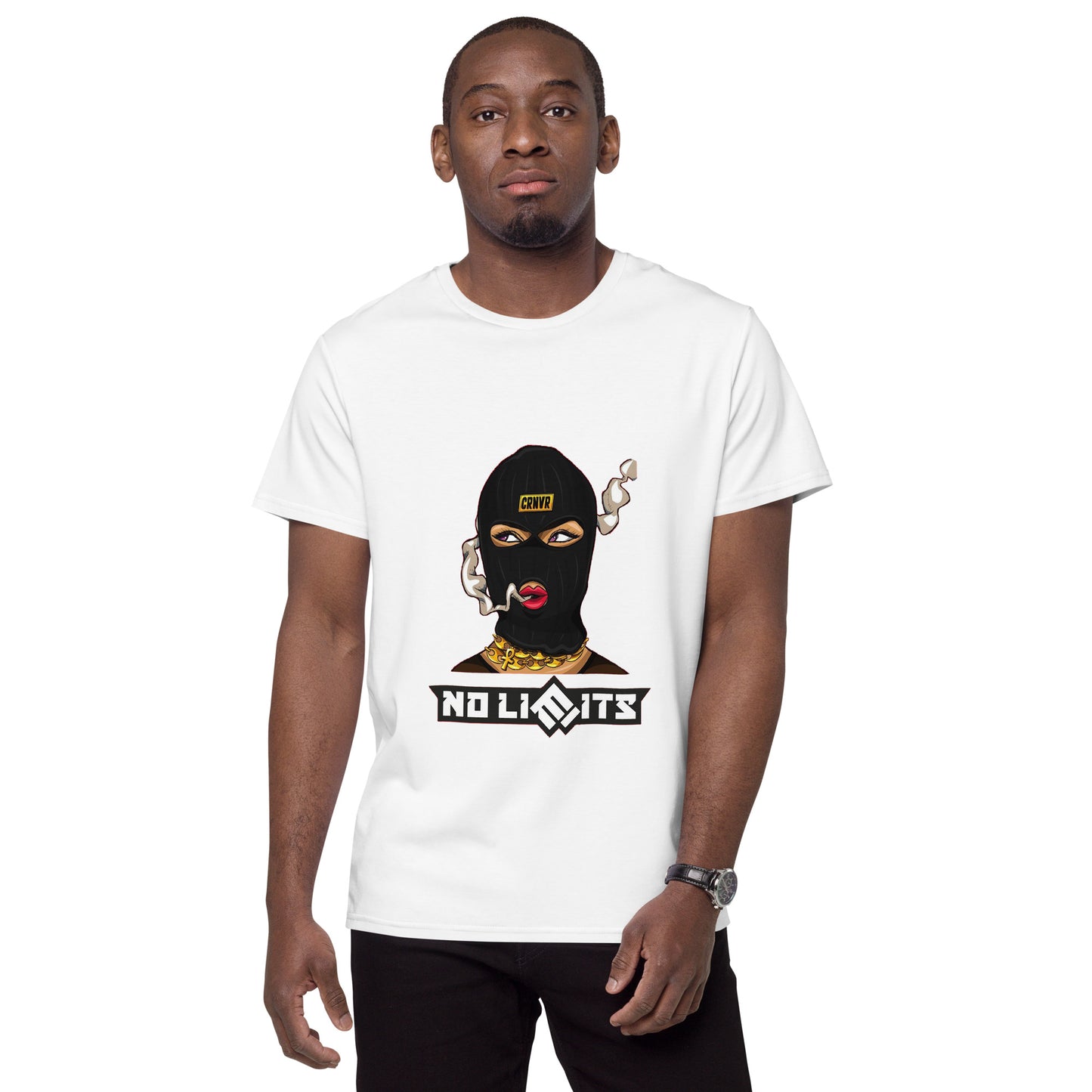 No Limits female masked character t-shirt design with bold text, smoke detail, and gold jewellery. 

