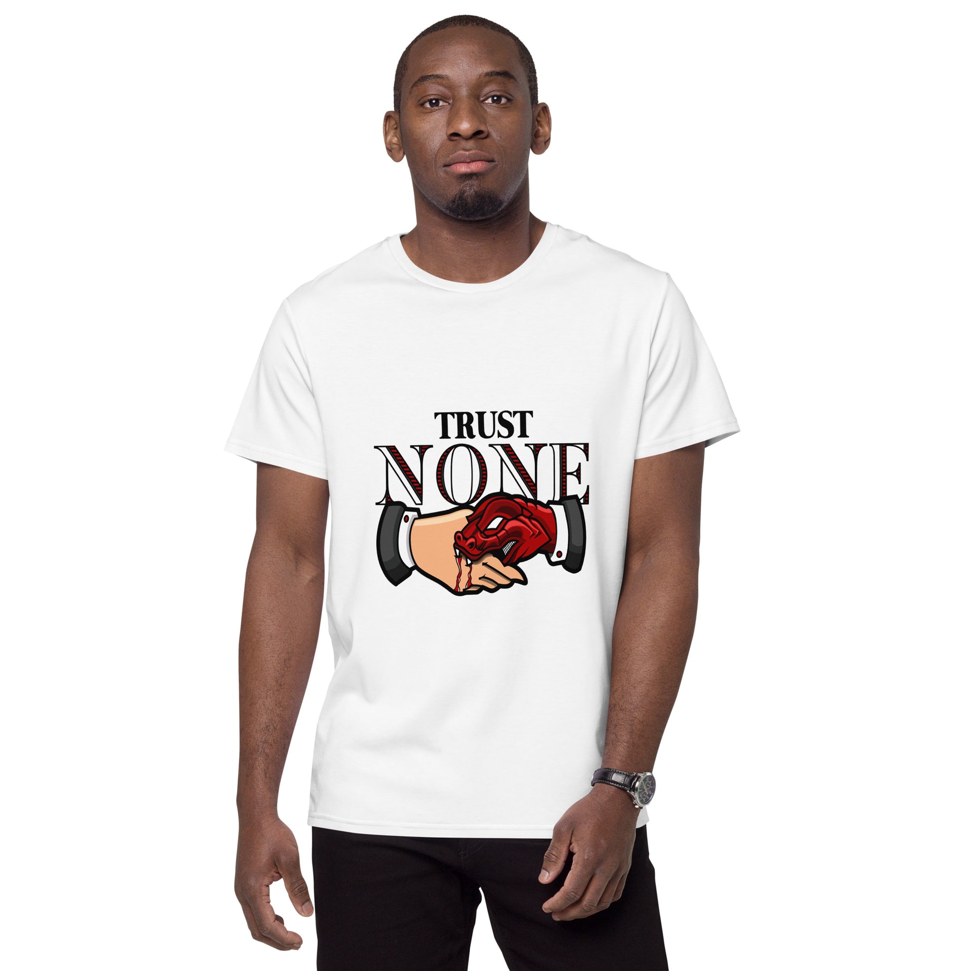Trust None T-shirt with snake-hand handshake and bold message

