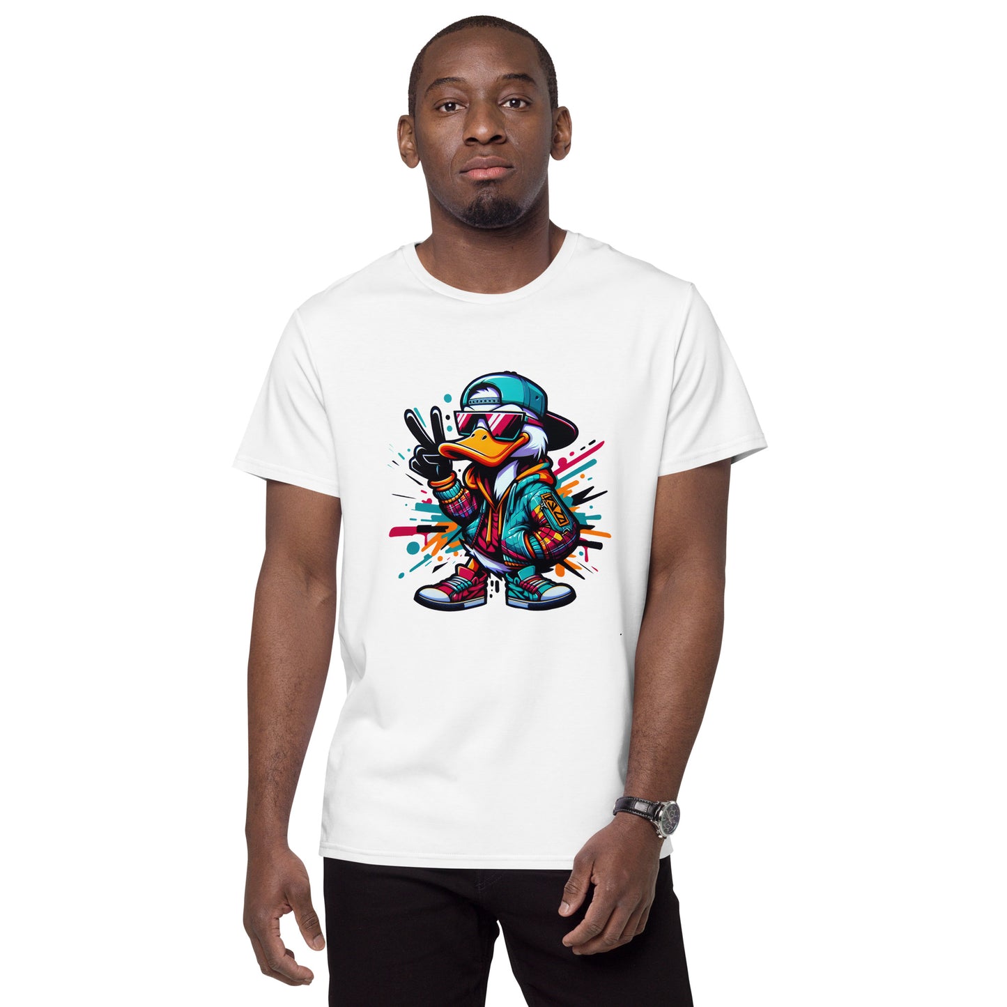 cool duck wearing cap sunglasses graffiti streetwear cartoon t-shirt design

