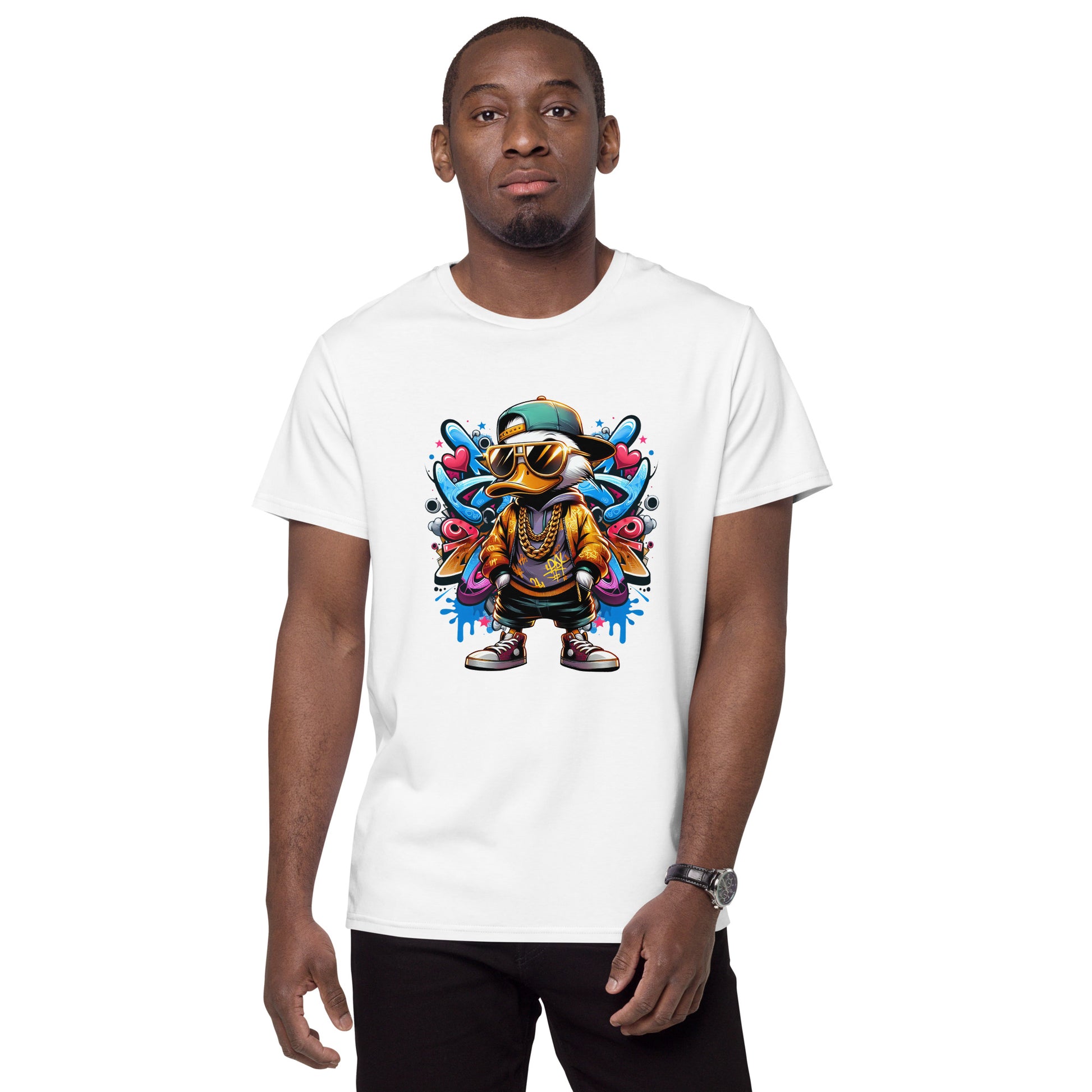 Graffiti-style duck wearing gold jacket, chains, and sunglasses on white t-shirt.


