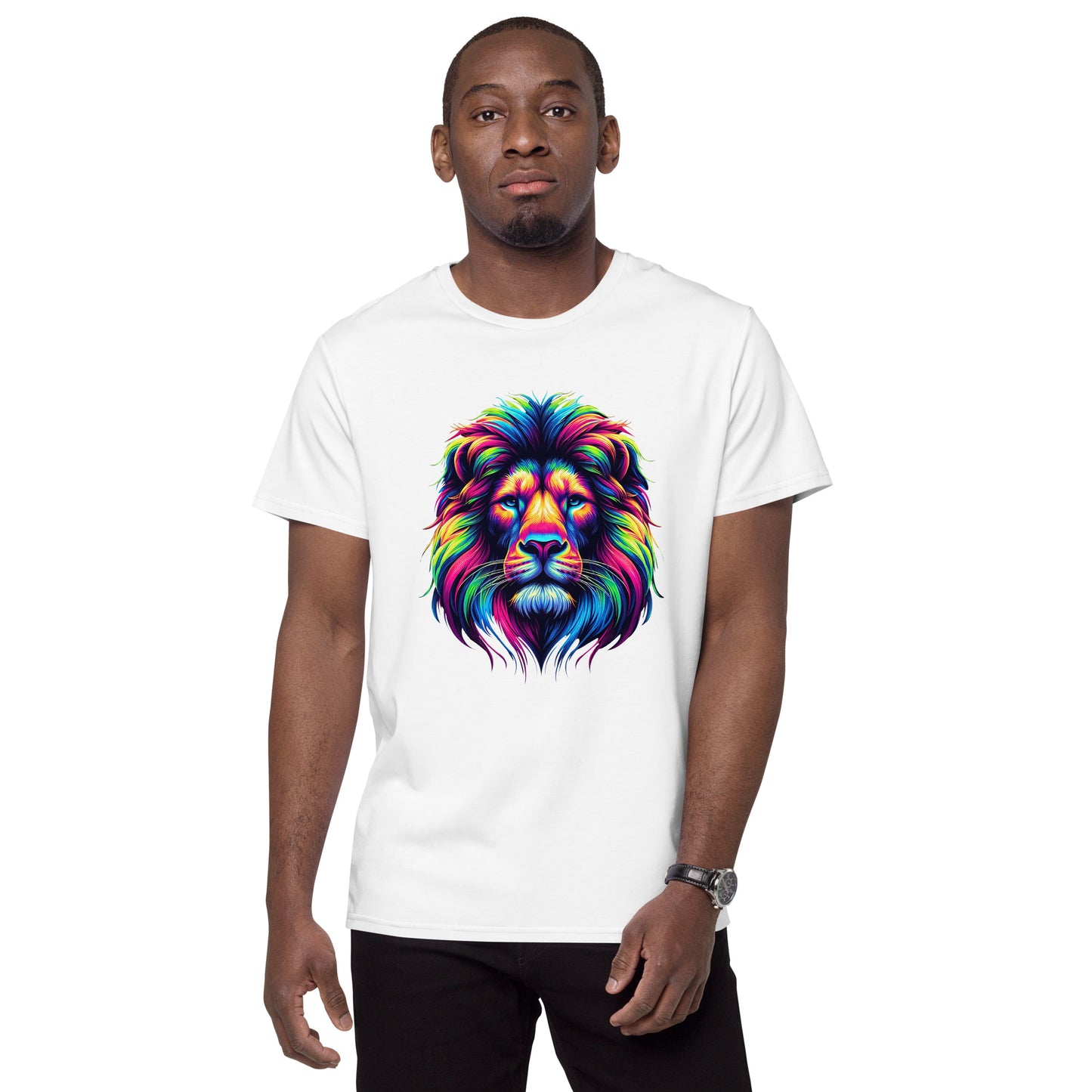 Colourful rainbow lion head graphic printed on a white t-shirt.

