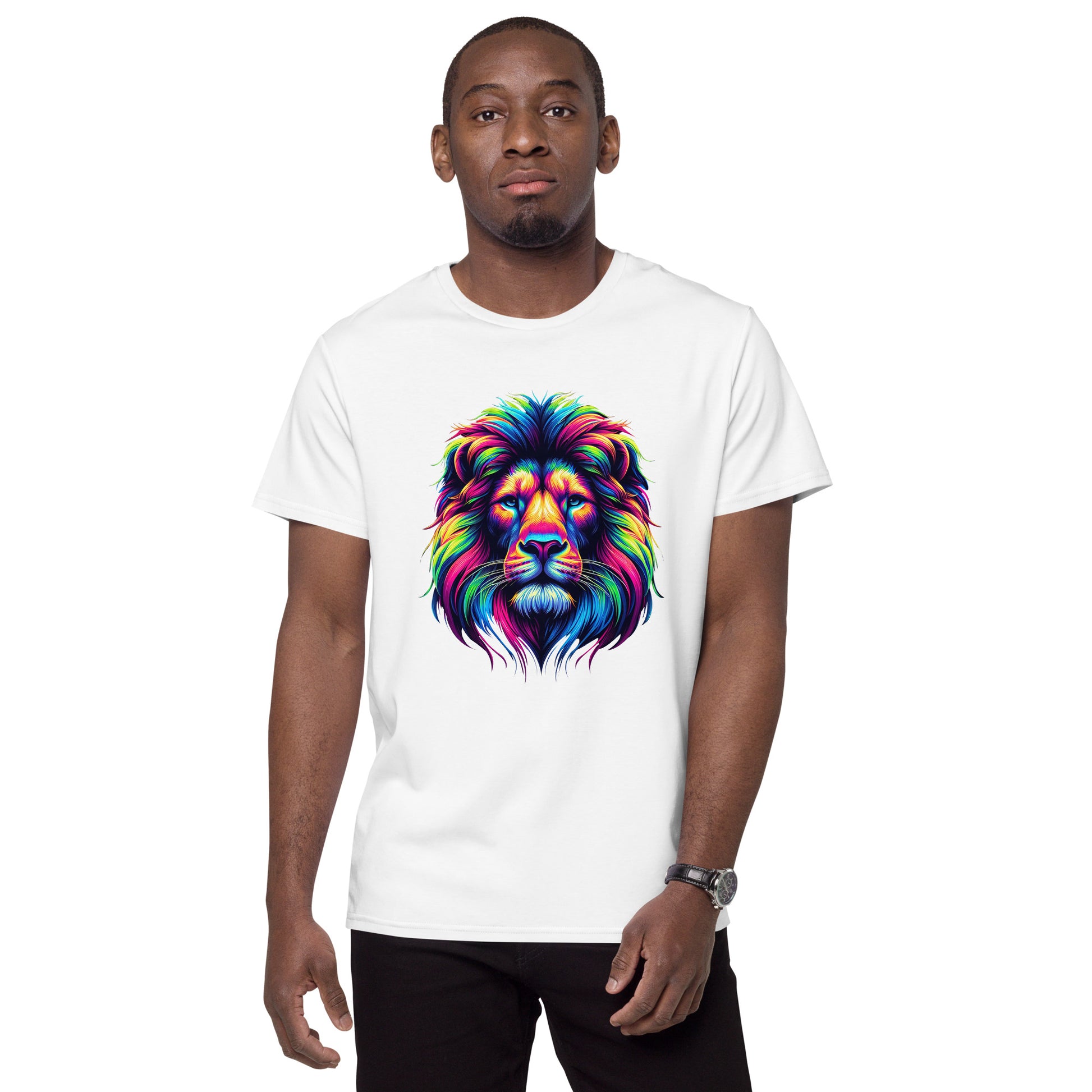 Colourful rainbow lion head graphic printed on a white t-shirt.


