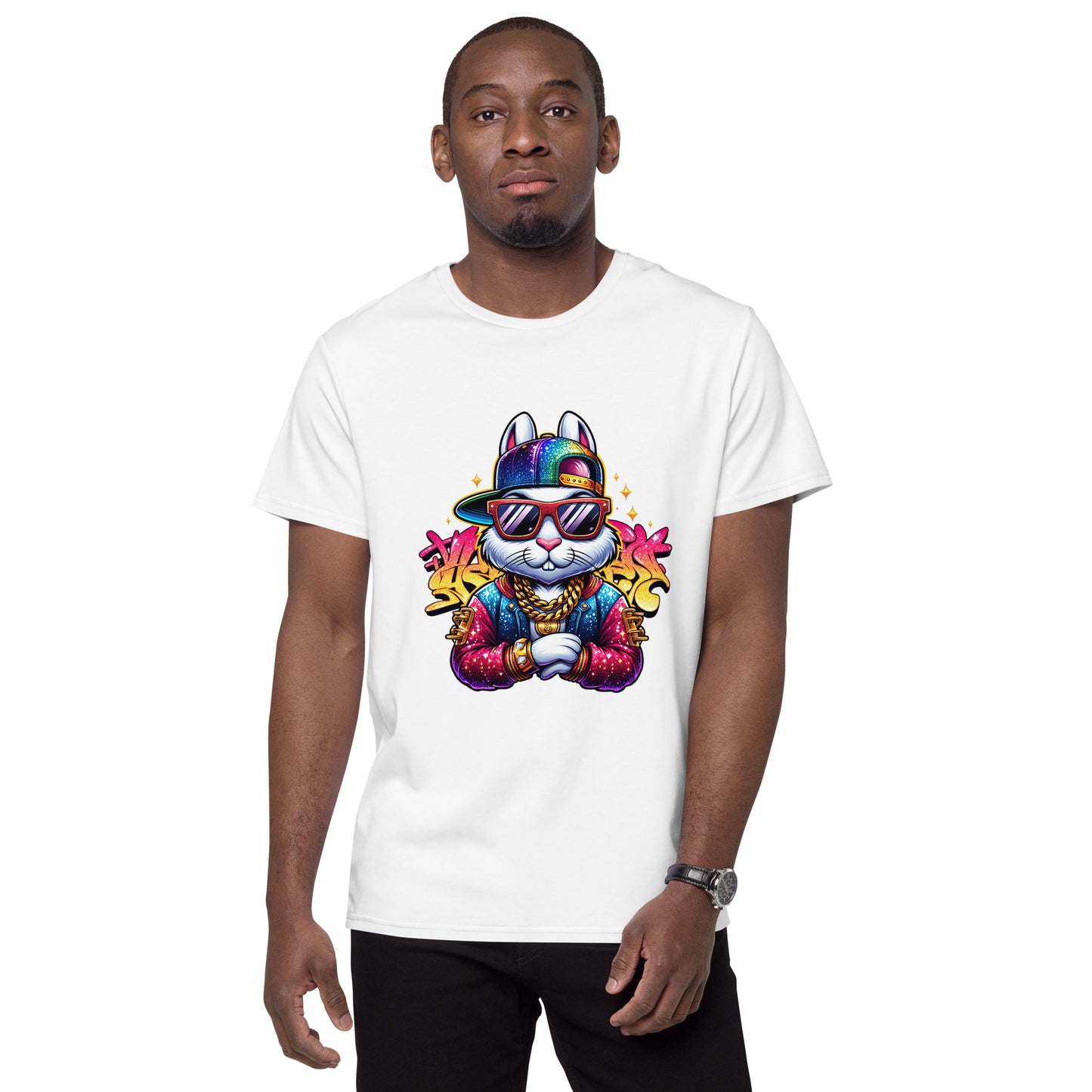 Cartoon bunny wearing sunglasses, snapback hat and gold chain on a colourful urban-style graphic t-shirt