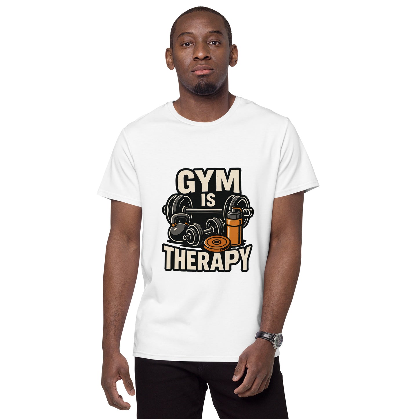 Gym Is Therapy motivational gym t shirt with dumbbell and barbell design DTF print