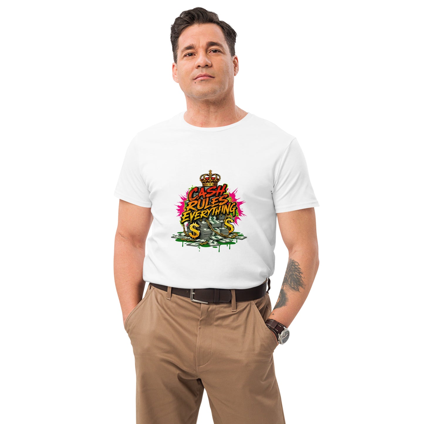 Graffiti-style Cash Rules Everything t-shirt design with money graphics and crown.
