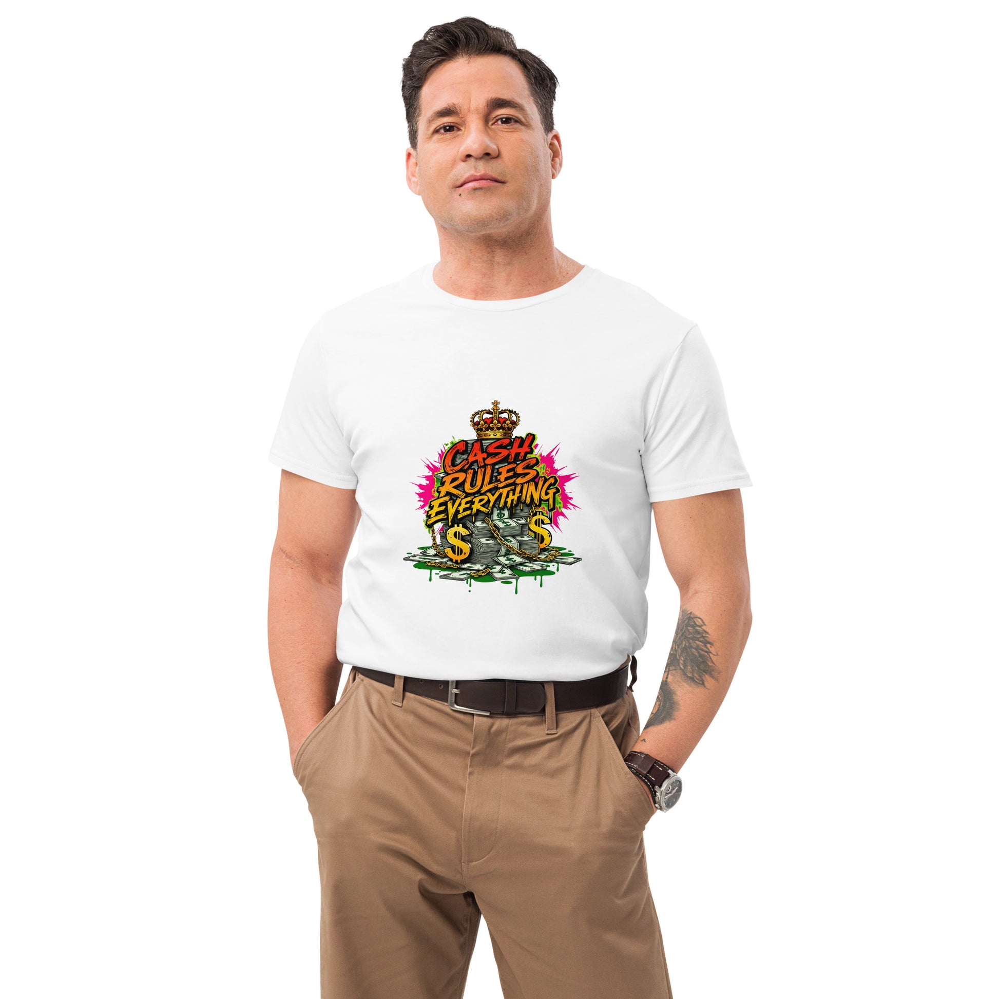 Graffiti-style Cash Rules Everything t-shirt design with money graphics and crown.
