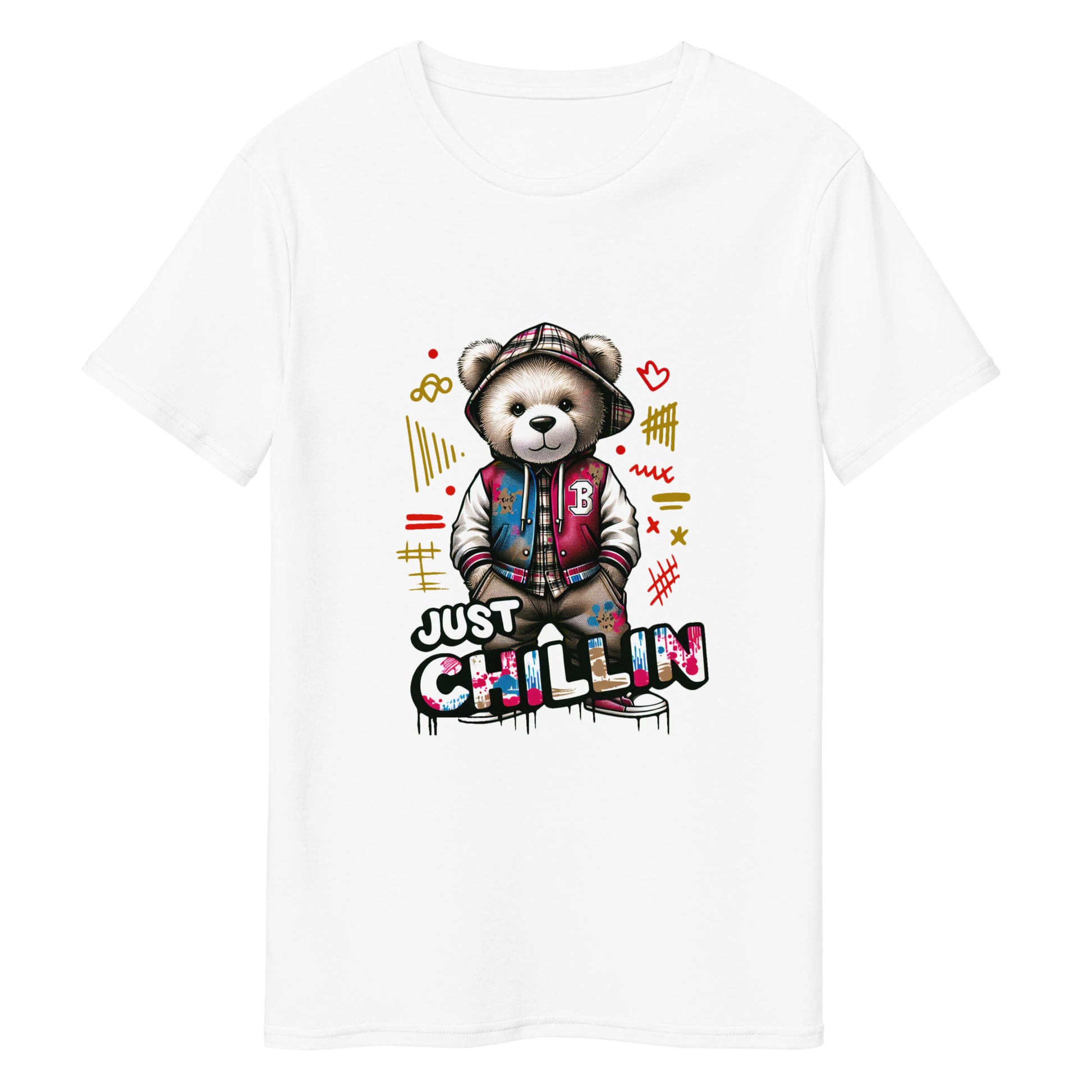 Just Chillin T-shirt with cartoon bear in streetwear and graffiti elements

