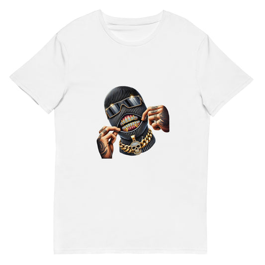 Illustration of a gangster wearing a ski mask with gold diamond grillz, sunglasses, and a gold skull chain

